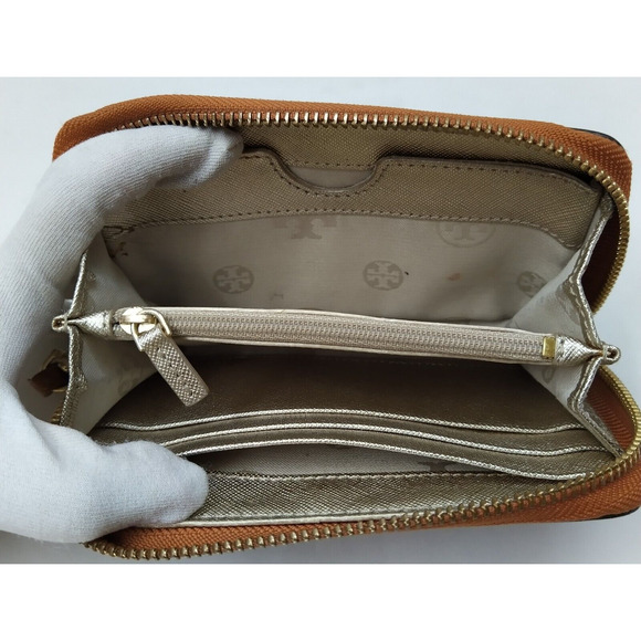 Tory Burch Camel Tan Leather Zip Around Credit Card Wristlet Wallet - Picture 10 of 16